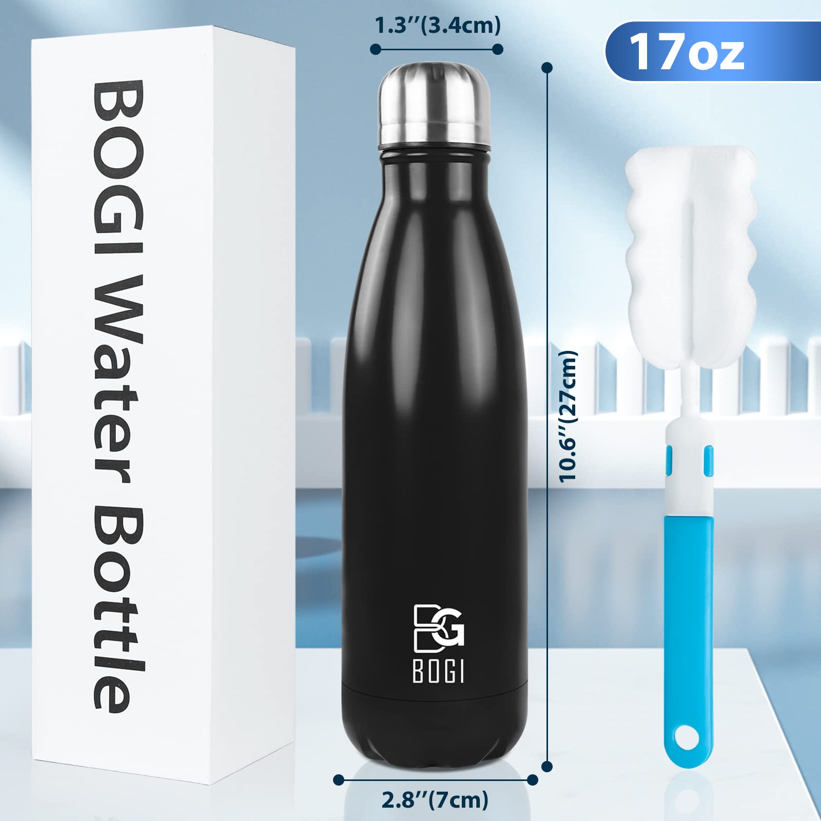BOGI Insulated Water Bottle  17oz Stainless Steel Water Bottles  Leak Proof Sports Metal Water Bottles Keep Drink Cold for 24 Hours and Hot for 12 Hours BPA Free kids water bottle for School (Black)